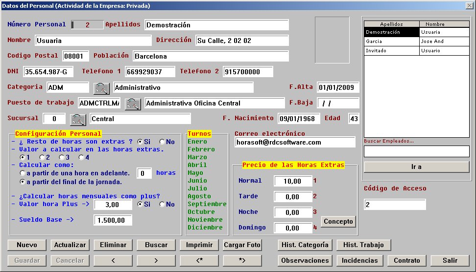 Esta pantalla representa una parte de la ficha de los empleados
